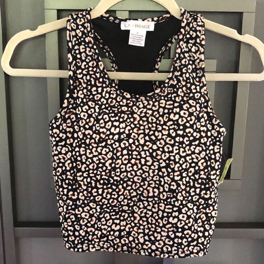 MWT LA + Image Black and beige printed razorback cropped top fitness with pads X